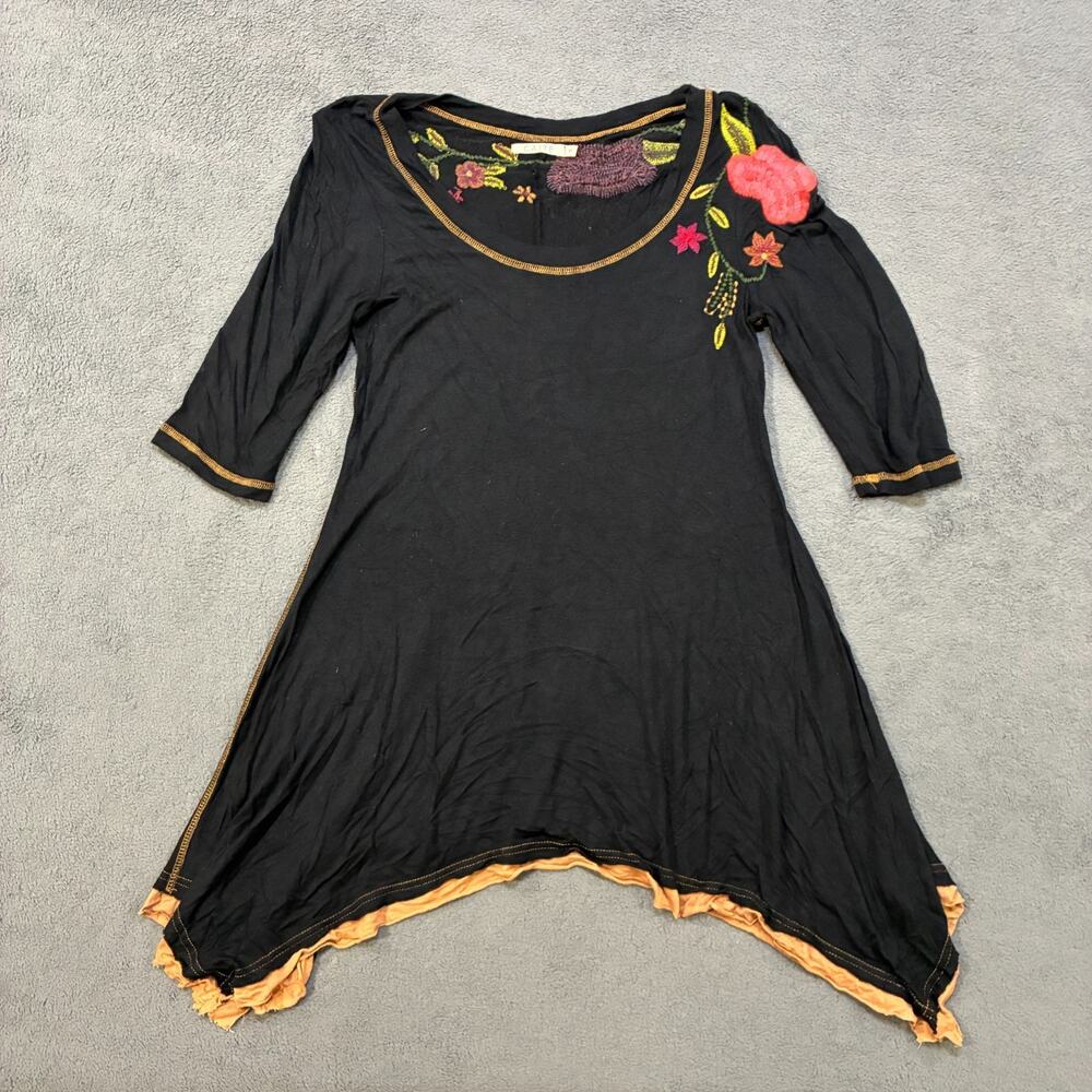 Caite Boho Black Floral Embroidered Asymmetrical Ruffle Tunic Top Women's Size S